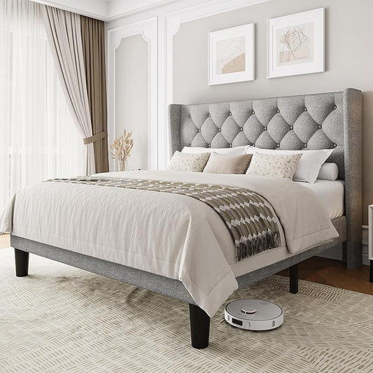 Queen Size Upholstered Bed Frame with Wingback Headboard, Fabric Linen Platform Bed, 8" Under Bed Storage, No Box Spring Needed, Wooden and Metal Slats Support, Light Grey