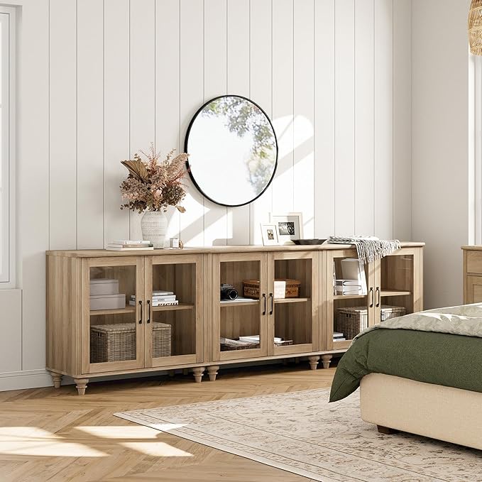 WAMPAT 100 Inch TV Stand with Glass Door, Wood TV Cabinet Entertainment Center for 75/80/85 Inch TV, 3-in-1 Kitchen Buffet Cabinet with 6 Storage Cabinets for Dining Room & Living Room, Oak