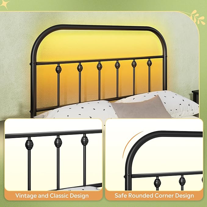 WLIVE Twin Bed Frames with Storage, Twin Bed Frame with LED Lights and Charging Station, Metal Platform Bed Frame with Headboard, Black