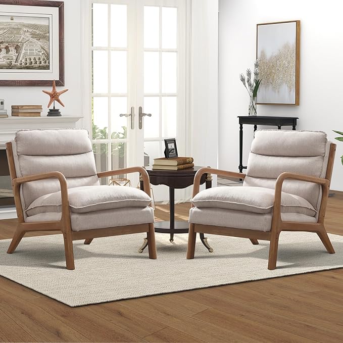 Phoenix Home Accent Chair Mid Century Lounge Chair PU Leather, Upholstered Reading Armchair with Lumbar Pillow & Solid Wood Frame for Office, Living Room Bedroom, Balcony, Beige