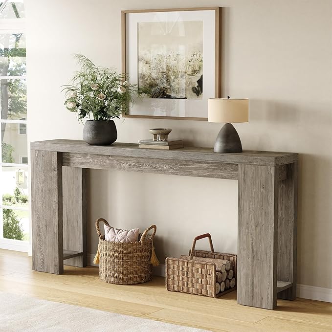 LITTLE TREE 70.9-Inch Long Entryway Table, Farmhouse Sofa Console Table for Living Room, Entryway, Hallway, Grey