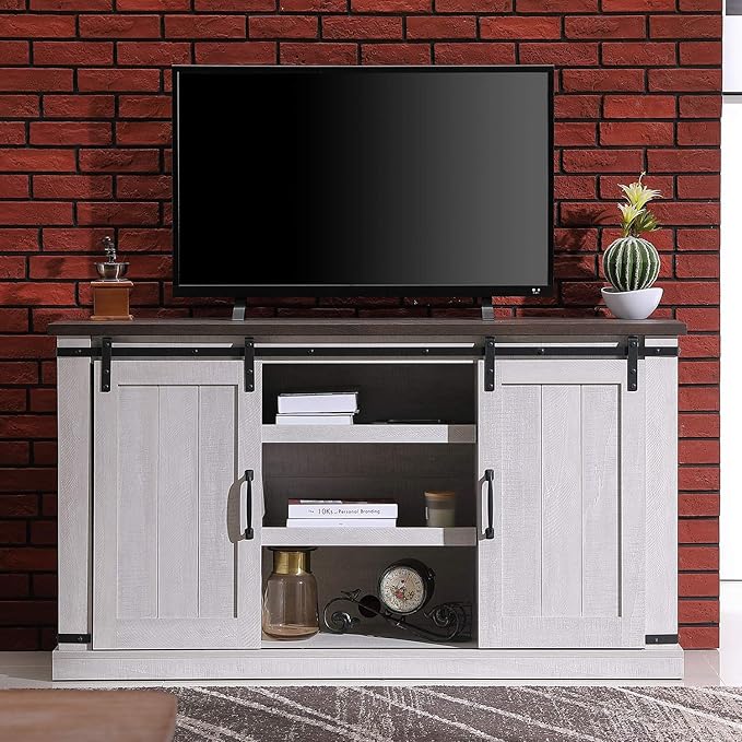 Farmhouse TV Stand for 60inch Television Stand, Entertainment Center with Storage Cabinet and Sliding Barn Doors & Adjustable Shelves, Rustic Media Console Table for Living Room