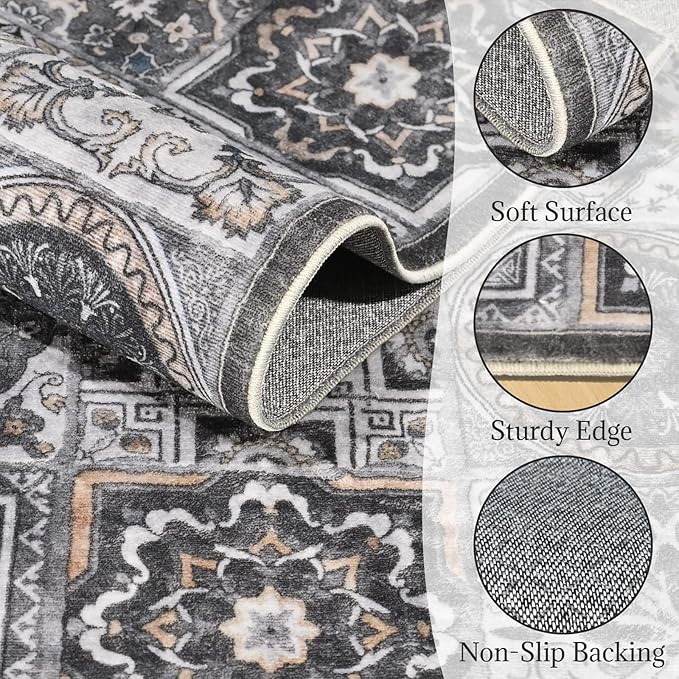 Washable Entryway Rug 3'x5 Non-Slip Backing Vintage Indoor Rug Low Pile Lighrweight Carpet for High-Traffic Indoor Entrance & Kitchen