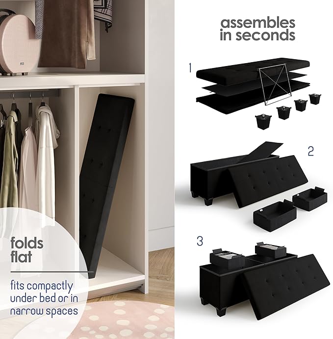 STORAGEBUD Storage Ottoman Bench with Bins, 43-in Storage Bench for Bedroom End of Bed, Folding Foot Rest Ottoman for Living Room Max 660lbs, Velvet Ottomans, Black