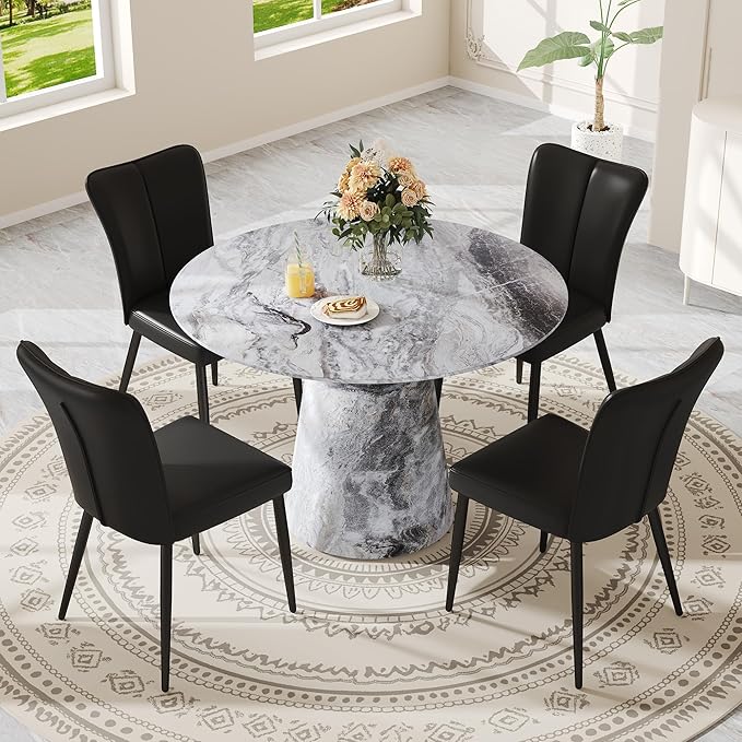 Round Dining Table Set for 4, 45IN Kitchen Table Set with Faux Marble Table Top and PU Upholstered Chairs, Modern Dinner Table with Chairs Set for Dinning Room, Living Room