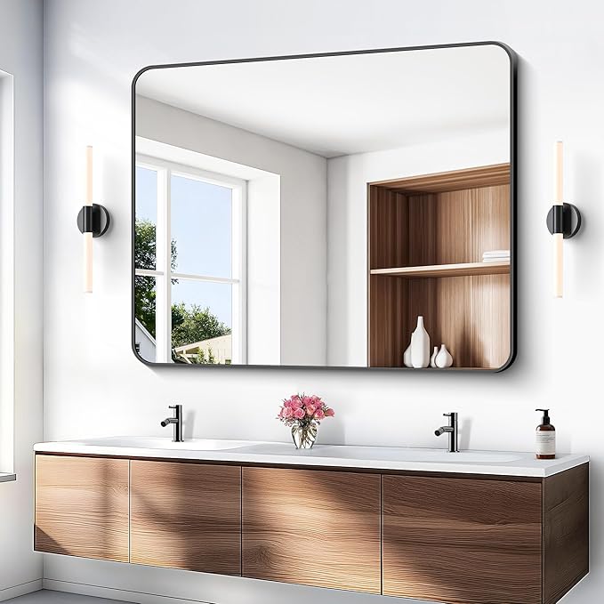 BONEWEI Black Bathroom Mirror,40x48 inch Wall Mirror for Bathroom Wall Mounted,Rectangle Mirror for Bathroom Over Sink,Modern Frame Round Corner for Living Room,Bedroom Entryway,Horizontal/Vertical