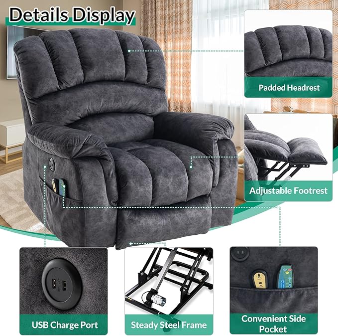 VIVIJASON Large Power Lift Chair Electric Recliner Chair with Heat & Massage for Elderly Big People, Overstuffed Wide Electric Recliner with 2 Remote Controls, Side Pockets & USB Ports, Dark Gray