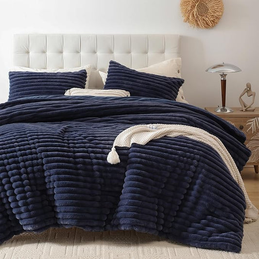 Smoofy Fluffy Queen Size Comforter Set 3 Pieces - Navy Blue Fleece Fluffy Comforter Set, Luxury Fuzzy Queen Bedding, Soft Warm Queen Bed Set All Season, Heavy Faux Fur Comforter with 2 Pillow Cases