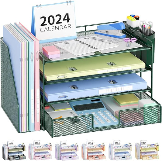 Desk Organizer and Accessories, 4-Tier Desktop File Organizer with Drawer and 2 Pen Holders, Office Desk Accessories for Office Supplies(Dark Green)