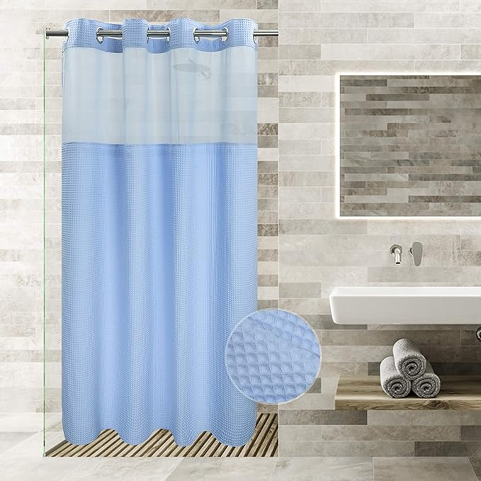 River Dream Sky Blue Fabric Shower Curtain Set, Cotton Blend, Waffle Weave, with Snap in Replacement Liner，54 x 80 inches