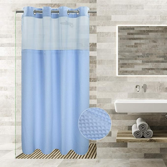 River Dream Sky Blue Fabric Shower Curtain Set, Cotton Blend, Waffle Weave, with Snap in Replacement Liner，54 x 80 inches