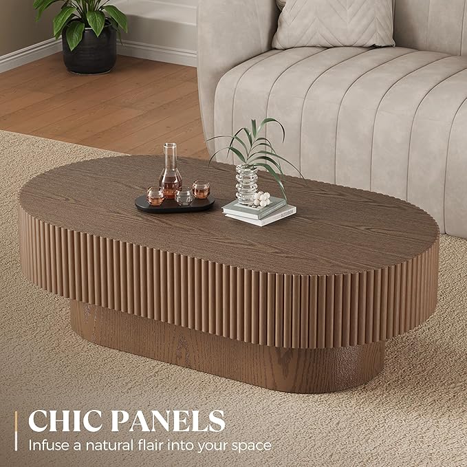 43.7” Oval Coffee Table, Modern Wood Fluted Coffee Table for Living Room, Veneer Handcrafted Relief Center Table with Sturdy Pedestal，Easy Assembly - Walnut