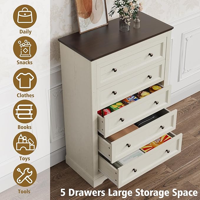 Farmhouse Dresser 5 Drawer, Bedroom Chest of Drawers, Dressers with 5 Drawers, Wooden Dressers for Bedroom, Living Room, Tv Stand, Entryway (Off White-5 Drawers)