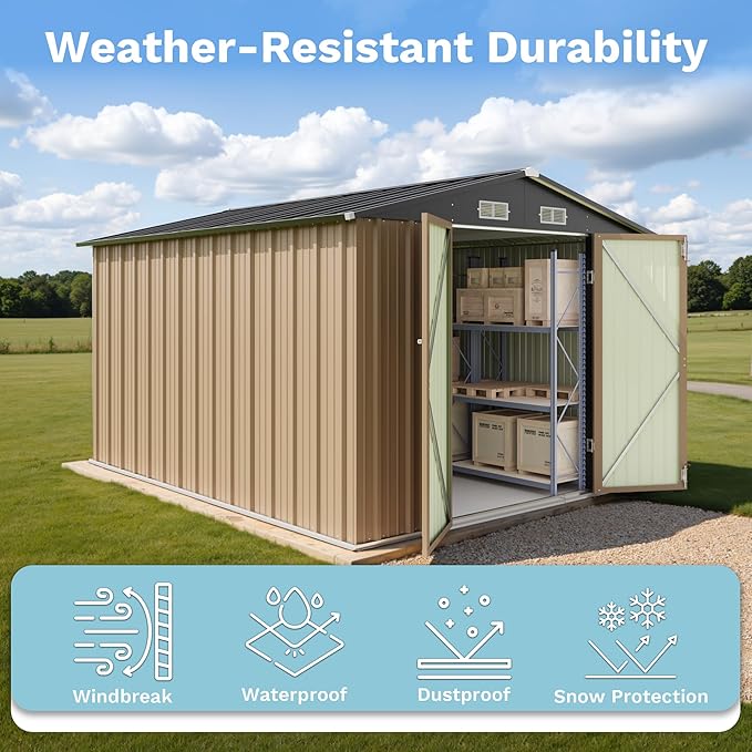 Greesum 8×10FT Outdoor Storage Shed, Metal Patio Storaged Sheds with Lockable Doors, Sheds & Outdoor Storage for Bike, Backyard, Pool and Garden, Brown