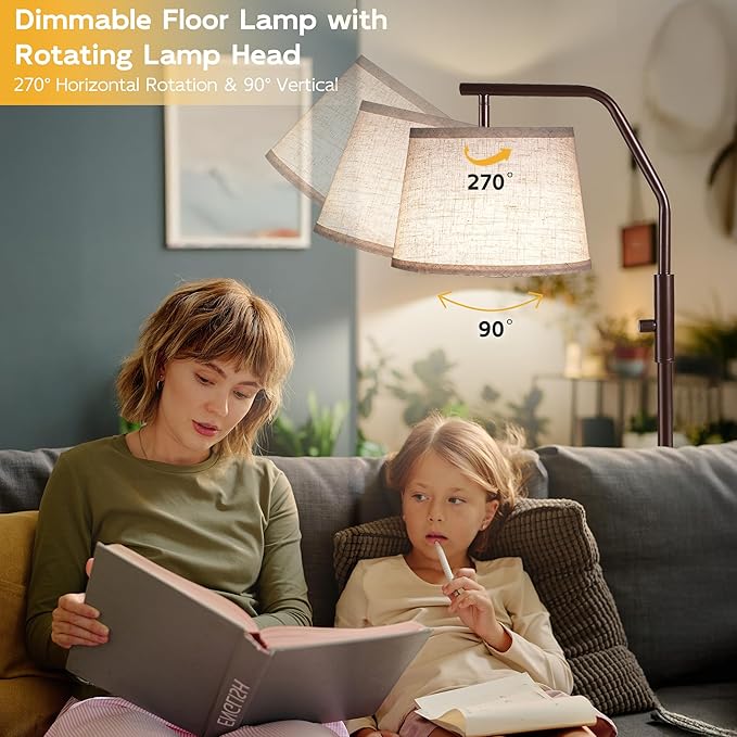 SUNMORY Floor Lamps for Living Room, 9W Bulb Included, Lamp for Bedroom with Adjust Head, Standing Lamp with Rotary Switch, 0-100% Dimmable Floor Lamp for Living Room Bedroom Office Nursery, Brown.