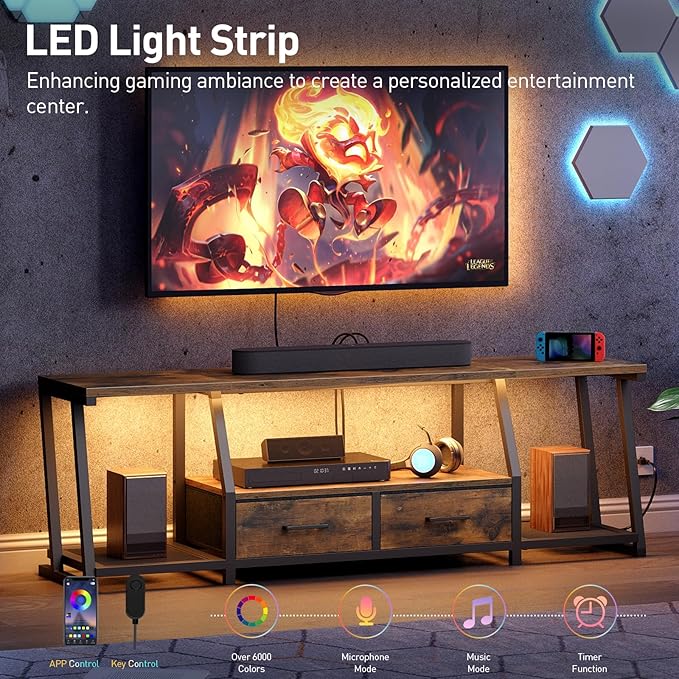 LED TV Stand with Fabric Drawers for 75 Inch TV, Entertainment Center with Power Outlets and Open Storage Shelves, Industrial Media TV Console Table for Living Room, Bedroom, Rustic Brown