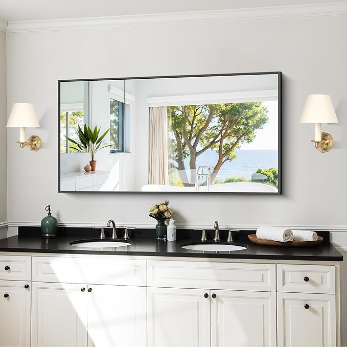 KOCUUY 24x48 Inch Large Black Wall Mounted Mirror,Aluminum Framed Decorative Rectangular Bathroom Mirror for Wall Over Sink,Vanity Mirror for Bedroom Living Room Bathroom,Functional Oversized Mirror