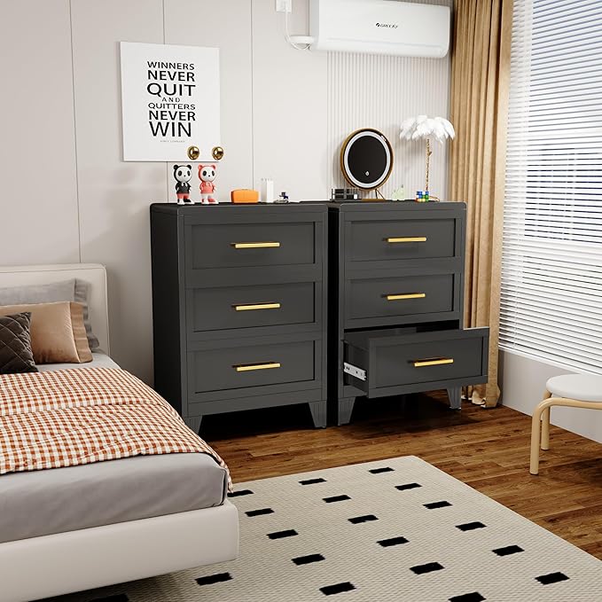 Metal Dresser Narrow Dresser for Bedroom Chest, 35.43" H Drawer Chest, Closet Dressers & Chests of Drawers for Living Room, Hallway (3 Drawers Black 24inch Wide)