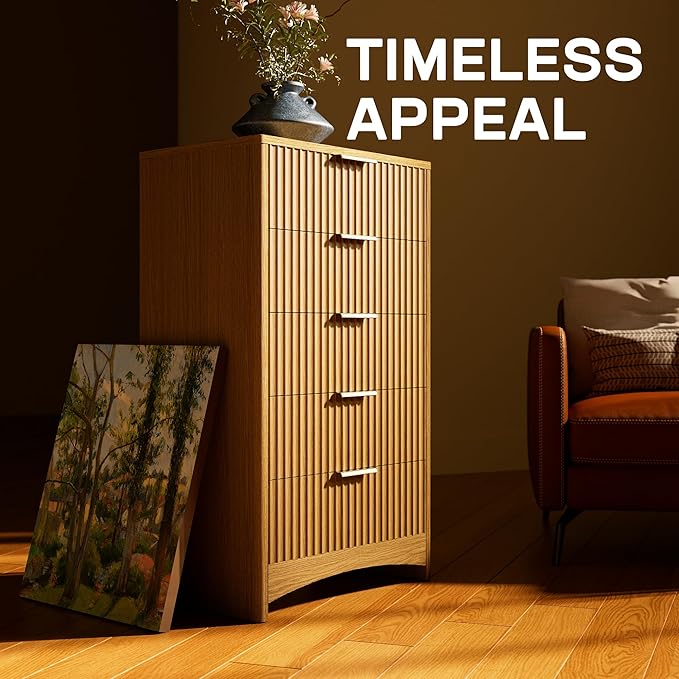 Marsail Fluted 5-Drawer Tall Wooden Dresser, Smooth Gliding Drawers & Large Capacity Storage Space, Modern Organizer Cabinet for Bedroom or Hallway, Natural Oak