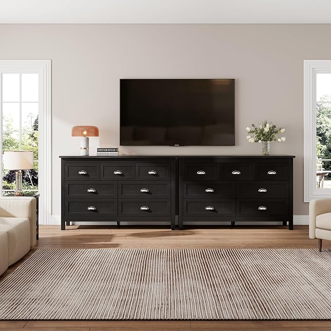 Black Dresser for Bedroom, Farmhouse 7 Drawer Double Dresser with Vintage Antique Handles, Modern Dressers and Chest of Drawers for Bedroom