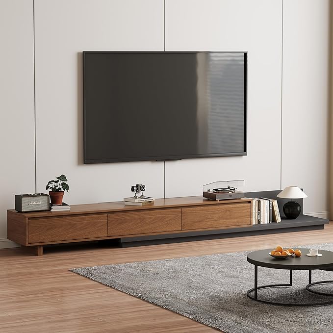 Adjustable TV Stand with 3 Drawers - Mid-Century Modern Extendable Entertainment Center for Living Room or Bedroom(78.7–130"), Stylish Walnut Media Console