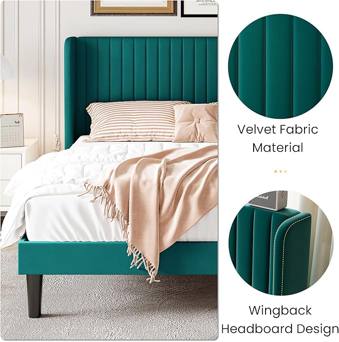 SHA CERLIN King Size Velvet Bed Frame with Vertical Channel Tufted Wingback Headboard, Upholstered Platform Bed with Wood Slats, No Box Spring Needed, Easy Assembly, Teal