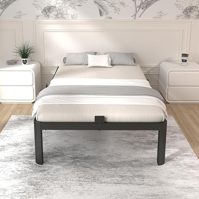 ITIMIDI 14 Twin Bed Frames, Metal Platform Bed Frame Twin Size, Safety Design with Rounded Corner Legs and DIY Headboard Hole, Heavy Duty Steel Slats Support, No Box Spring Needed, Noise Free, Black