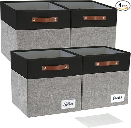 Collapsible Fabric Storage Cube Bins with 2 Reinforced PU Handles, Foldable Storage Organizer Baskets for Closet, Shelves, Living Room | 11"x11"x11", 4 Pack, Black & Gray