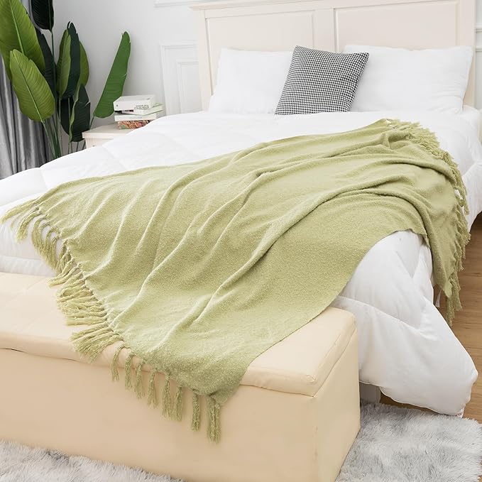 Gealaek Sage Green Throw Blanket Lightweight Fuzzy Soft Cozy Decorative Blankets for Sofa Bed Farmhouse Throw Blanket Green with Fringe 50" x 60"
