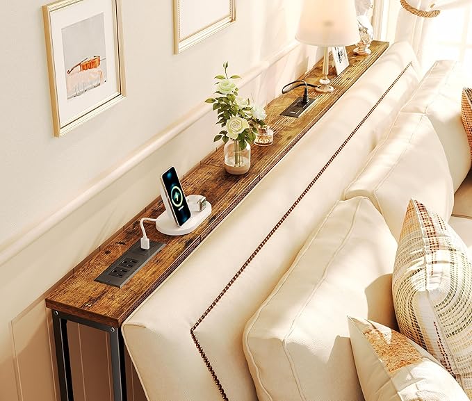 SUPERJARE 5.9 Inch Console Table with Outlet, Sofa Table, Beehind Couch Table, 5.9 x 39.4 x 29.1 Inches, Metal Frame, for Living Room, Hallway, Rustic Brown