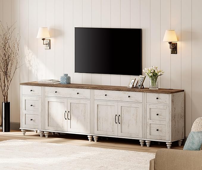 WAMPAT Farmhouse TV Stand for 100 Inch TV, 4-in-1 TV Console Table for 75/80/85/90 Inch TV, Entertainment Center with Charging Station, Kitchen Sideboard Buffet Cabinet for Dining Room, Rustic White
