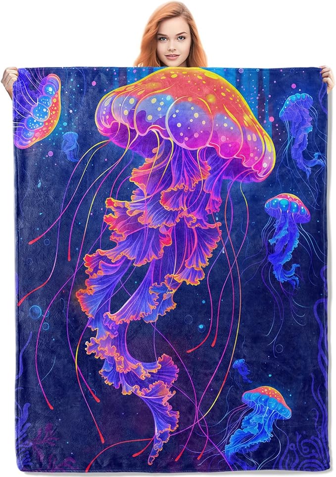 Jellyfish Flannel Blanket, Jellyfish Gifts, Ocean-Themed Blanket for Women, Soft Lightweight Throw Blankets for Bed Home Travel Decor 50" x 60"