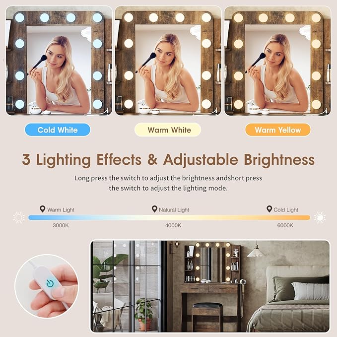 Maupvit Vanity Desk with Mirror and Lights,Makeup Vanity Table Set with Power Outlet,3 Lighting Modes & Adjustable Brightness Dressing Table with 2 Drawers for Bedroom Dressing Room,Rustic Brown