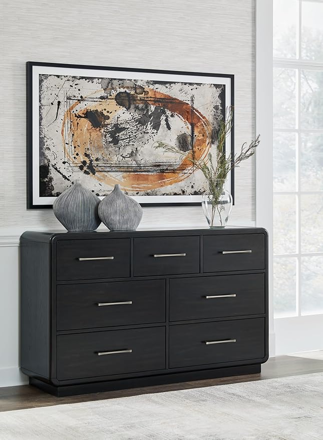 Signature Design by Ashley Rowanbeck Modern 7 Drawer Dresser with Felt-Lined Top Drawer and Safety Stop for Bedroom, Black