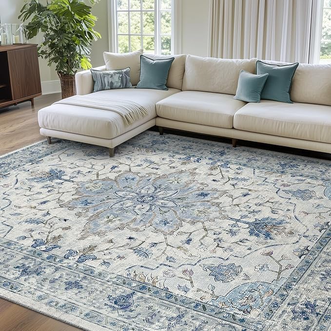 Area Rugs 9'x12' Washable Non-Slip, Floral Vintage Distress Print Pattern Medallion Carpet for Living Room Bedroom Dining Room, Light Blue Navy Beige Gray White