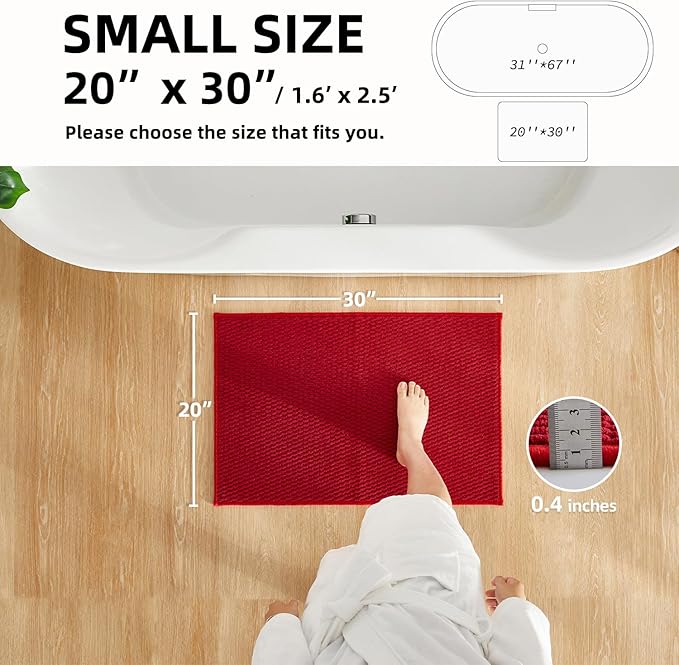 Bathroom Rugs Non Slip Washable, Super Absorbent Thin Bath Mat Small Quick Dry Low Pile Bathroom Rug, Red 20"x30"