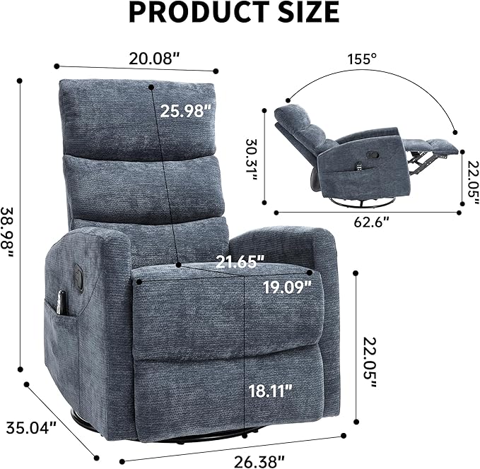 PELUMY Massage Recliner Chair with Heat - Manual Rocker Swivel Recliner, 360° Rotation & 155° Recline for Living Room（Linen Fabric, Blue）