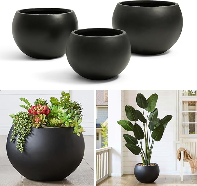 Fiberstone Sphere Planter, Black 15.8" Dia Round Flower Pot with Drainage Hole and Removable Plug, Round Plant Pot for Indoor Outdoor Use, 11.8" Opening-10.9" H, Medium