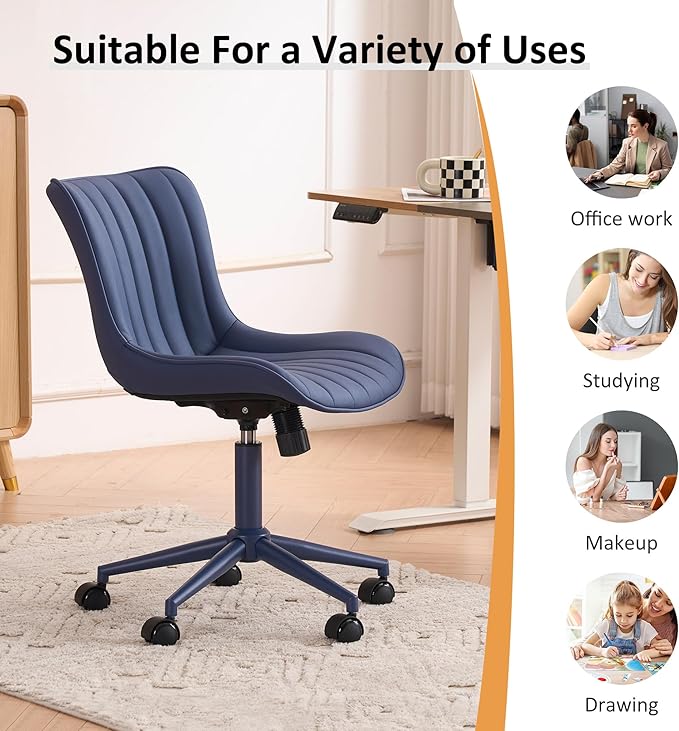 YOUNIKE Armless Home Office Desk Chair with Wheels Compact Comfy Vanity Chair with Adjustable Back Modern Small Leather Upholstered Rolling Swivel Cute Copmuter Task Chair No Arms Ergonomic Navy Blue