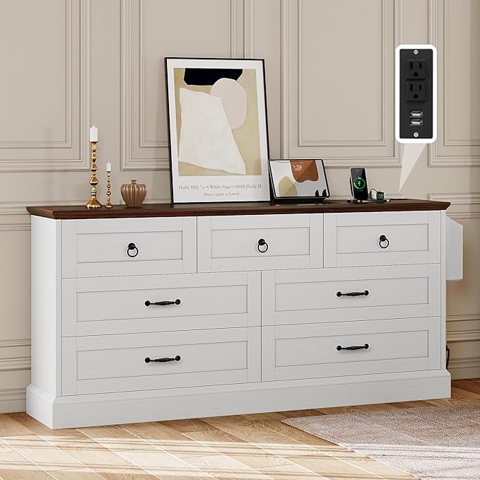 DWVO Farmhouse 7 Drawers Dresser, 59" Wide Wood Rustic Chest of Drawers with Nice Texture, Vintage Design, Storage Dressers Organizer for Living Room, Hallway, White