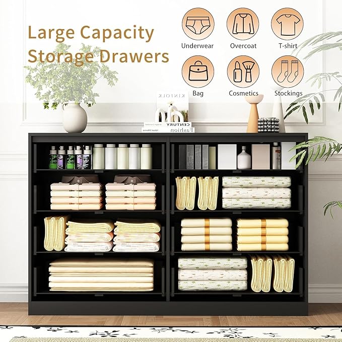 8 Drawer Dresser for Bedroom, Modern Fluted Double Dresser, 55" Wide Chest of Dressers, Wooden Beside Table for Closet, Living Room and Entryway, Black