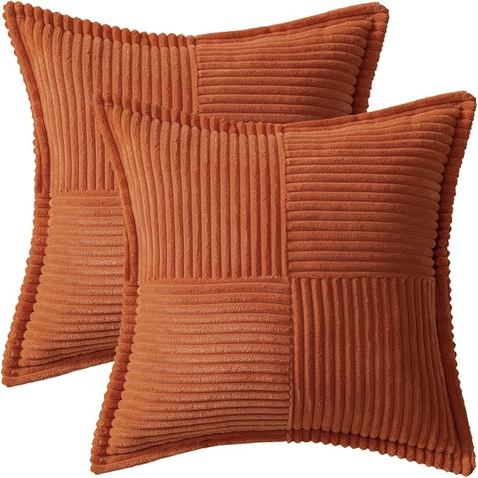 MIULEE Rust Fall Decorative Throw Pillow Covers for Couch Bed Livingroom 20x20 Inch Set of 2 Boho Accent Throw Pllows Broadside Striped Patchwork Soft Corduroy Pillowcases