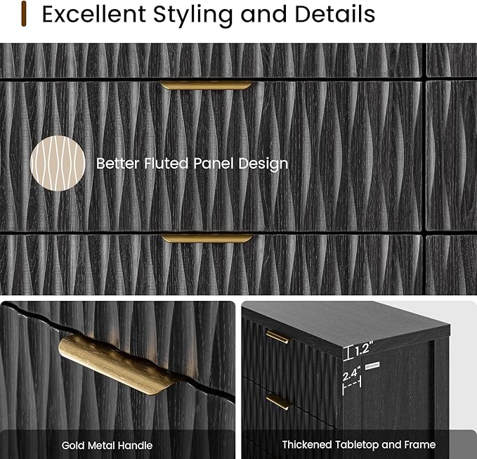 Dresser for Bedroom with 8 Drawers, 46.9" Wide Modern Chest of Drawers with Metal Handle, Wood Dresser TV Stand, Wood Storage Organizer for Bedroom, Living Room(Black)