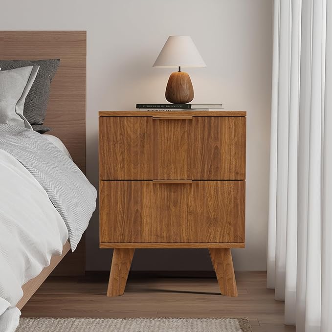 Fluted 2 Drawer Small Dresser for Bedroom, Mid Century Modern Nightstand with Drawers, Low Bedside Table with Drawers, End Table Short Storage, Living Room, Dorm -Walnut