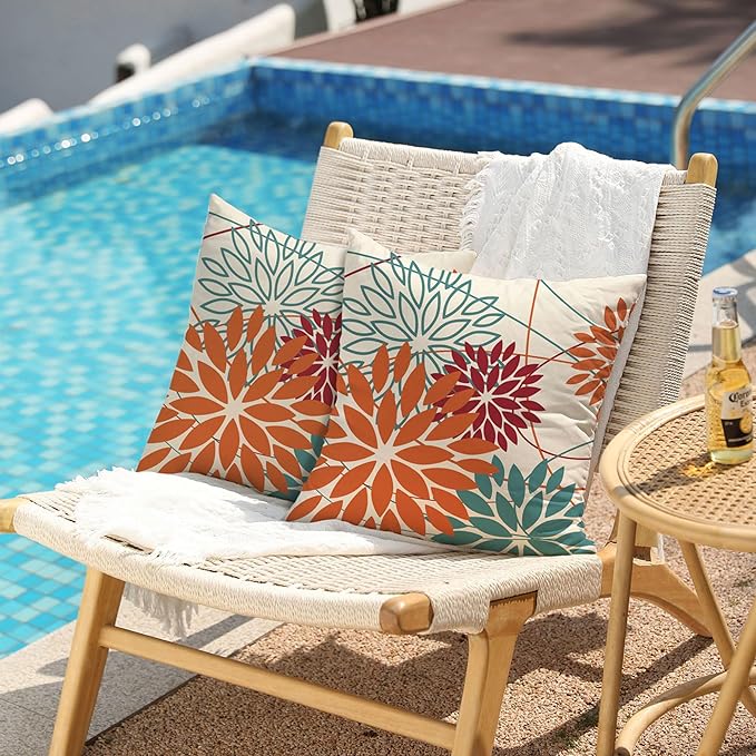 Orange and Red Floral Pillow Covers 18x18 Set of 2 Outdoor Waterproof Decorative Throw Pillows Fall Pillow Covers Polyester Cushion Case Decor for Couch Patio Funiture Garden Porch 01W18