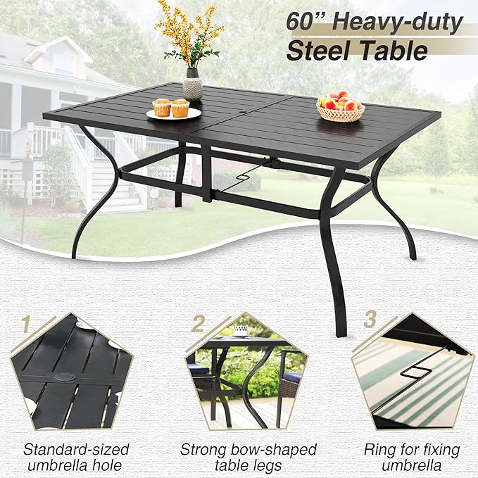 PHI VILLA 7 Piece Outdoor Dining Set for 6, 60” Rectangular Metal Steel Dining Table with Umbrella Hole & Stackable Dining Chairs for Patio, Deck, Yard, Garden