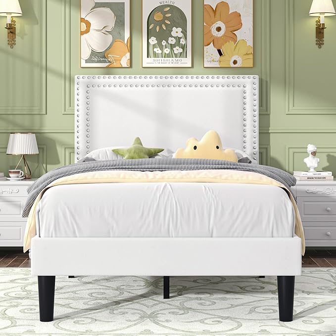 VECELO Twin Size Platform Bed Frame with Adjustable Upholstered Headboard, Strong Wood Slat Support, No Box Spring Needed, Easy Assembly