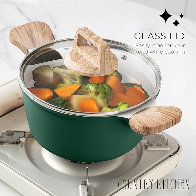 Country Kitchen Pots and Pans Set Nonstick, Cast Aluminum Kitchen Cookware Set with Utensils, 14 Pcs Non Stick Cooking Set w/Frying Pans & Saucepans, Sage