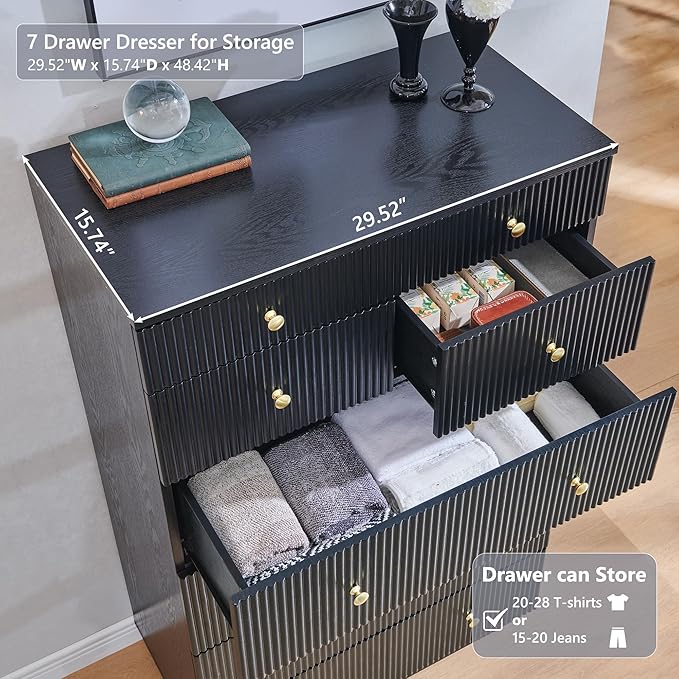 Fluted 7 Drawer Dresser for Bedroom, 48" Tall Black 7 Drawer & Chests of Drawers, Wood Modern Chest of Drawers with Deep Storage for Bedroom, Closet Hallway, Entryway, Living Room, Black