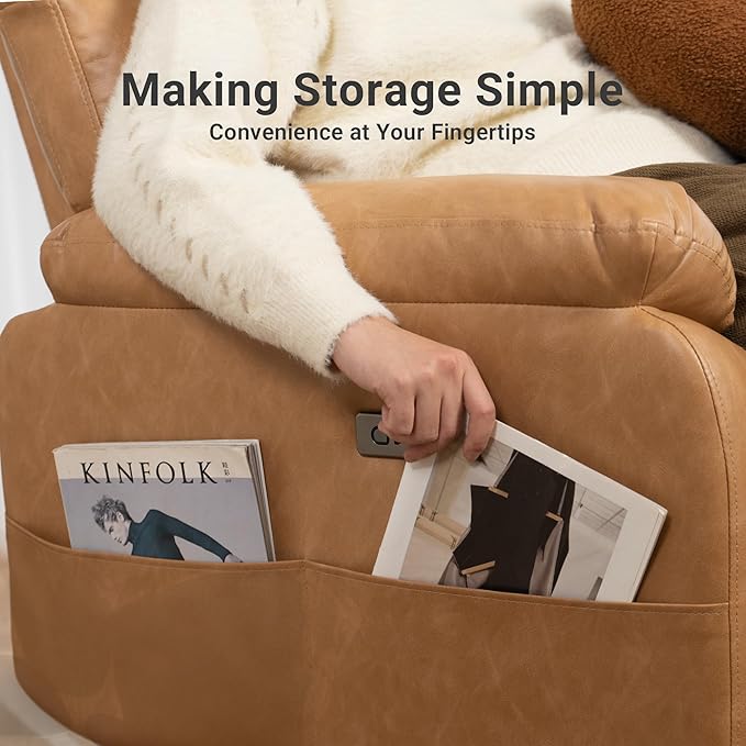 Claiks Zero Gravity Recliner Chair, Oversized Reclining Chair for Adults, Adjustable Electric Reclining Sofa Lounge with USB&Type-C Ports, Side Pocket, for Living Room, PU Leather, Brown